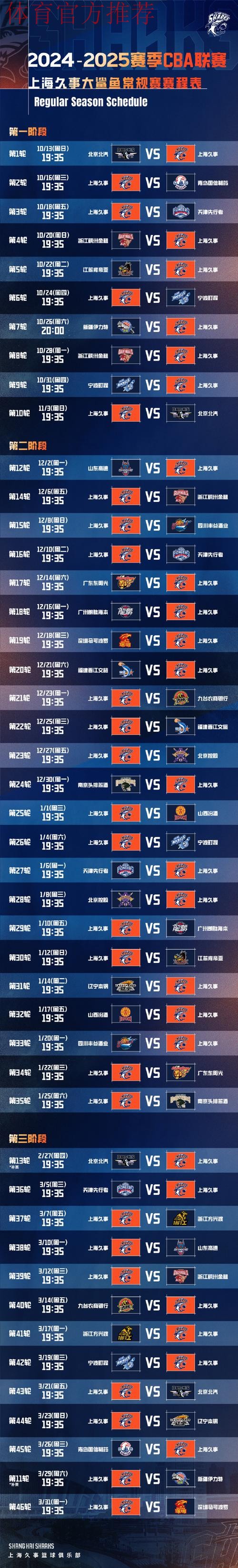 上海男篮分享常规赛赛程表:今晚将迎潜力赛首战 上海男篮分享常规赛赛程表:今晚将迎潜力赛首战